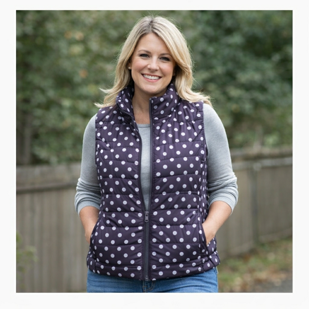 LOFT Ann Taylor Wmns Dark Grey Polka Dot Cabincore Puffer Vest Sz M Whimsy